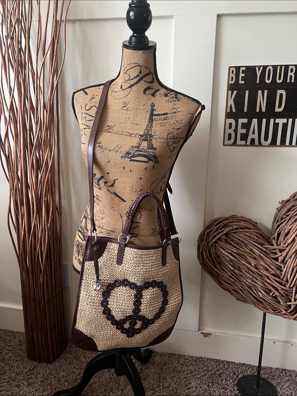 Brighton Peace Leather Woven Tote w/Brown Leather Trim and  Beaded Heart NWOT